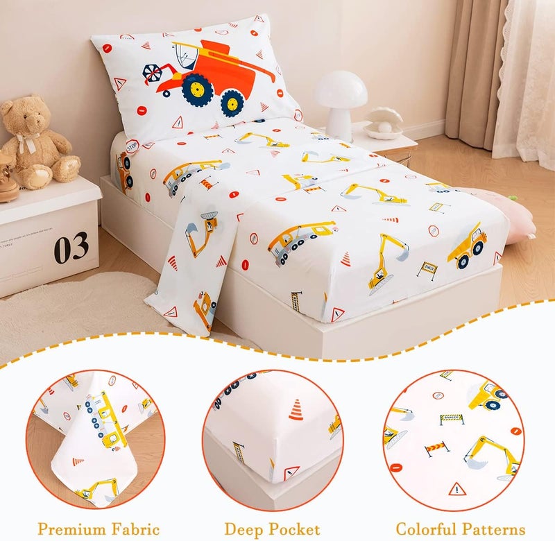 PERFEMET 4 Pieces Construction Toddler Bedding Set Excavator Truck Boy Toddler Bed in A Bag Colorful Reversible Cartoon Tractors White Crib Comforter Set for All Seasons(White, Truck/Tractor) - Image 4